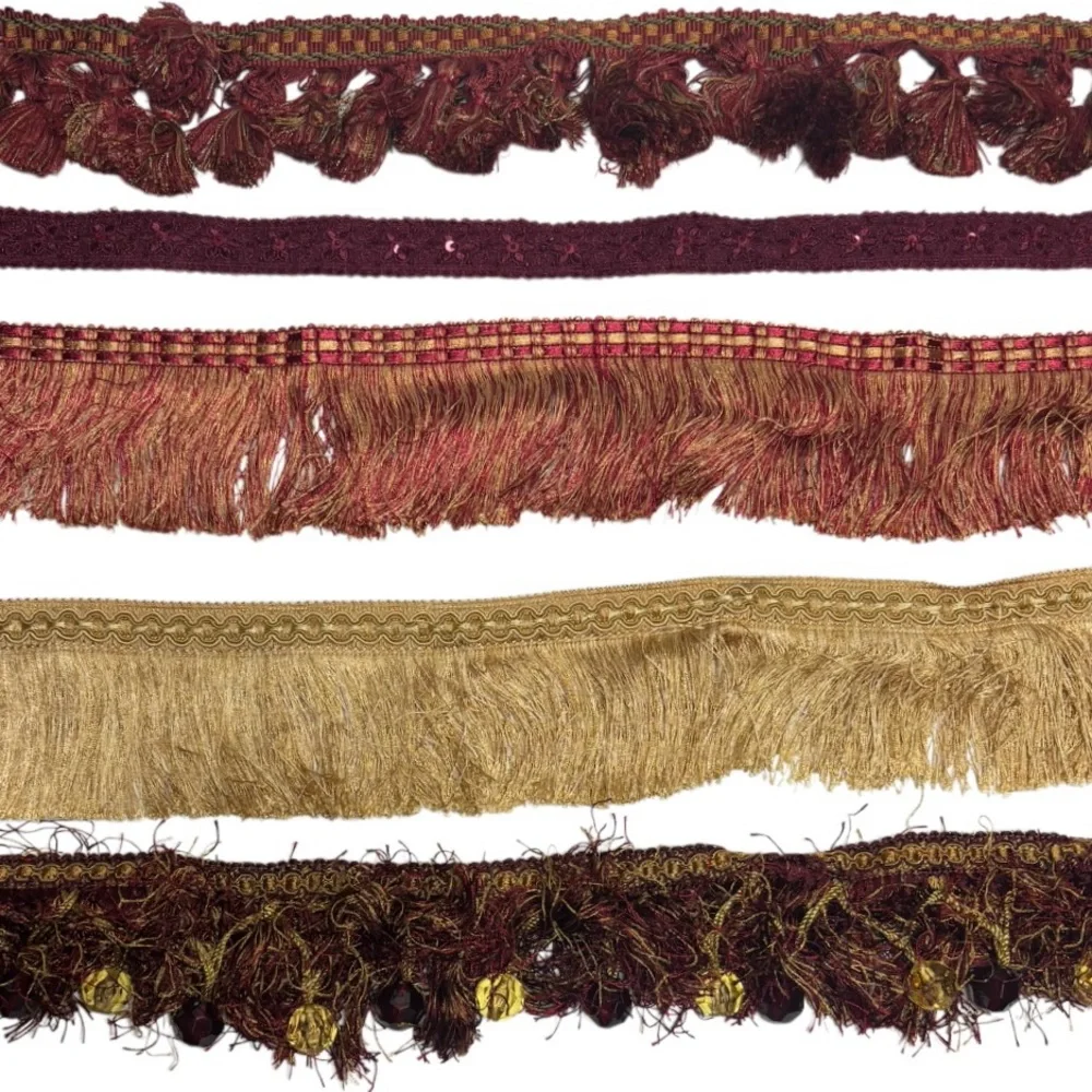 Vintage 1980s Upholstery Fringe Trim Lot Luxury Burgundy Gold Passamenterie DIY